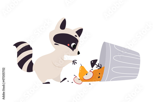 Cute Raccoon Character with Ringed Tail Digging in Dustbin Vector Illustration