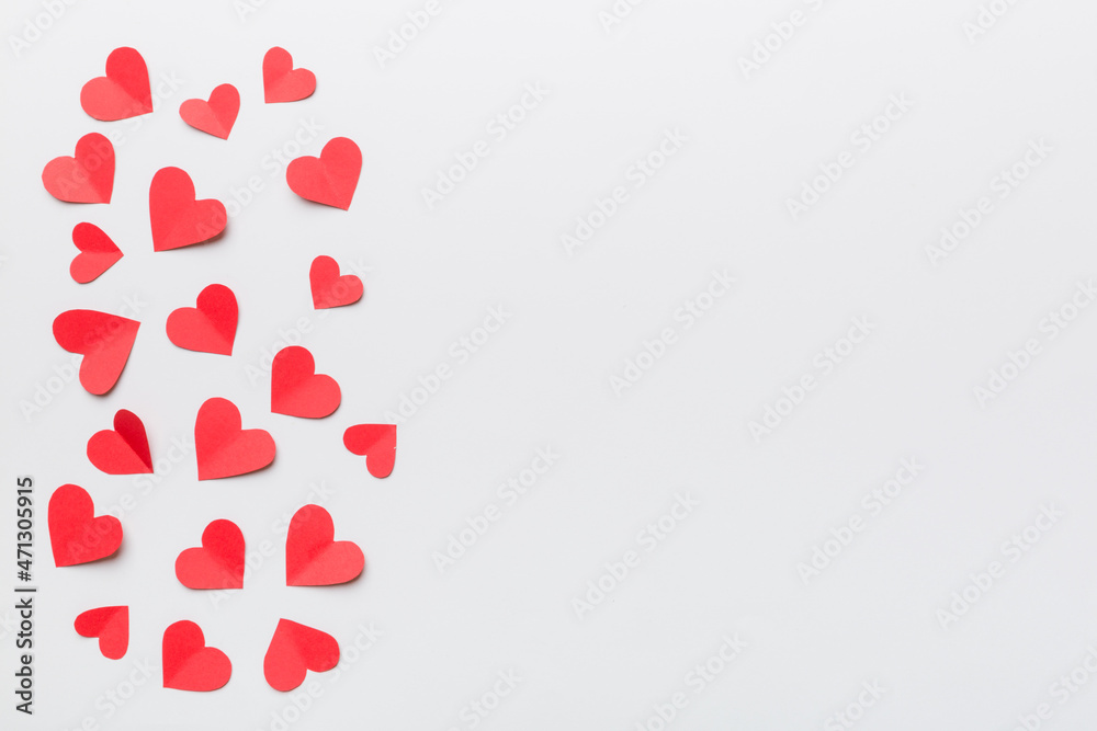 Valentine day background with red hearts, top view with copy space