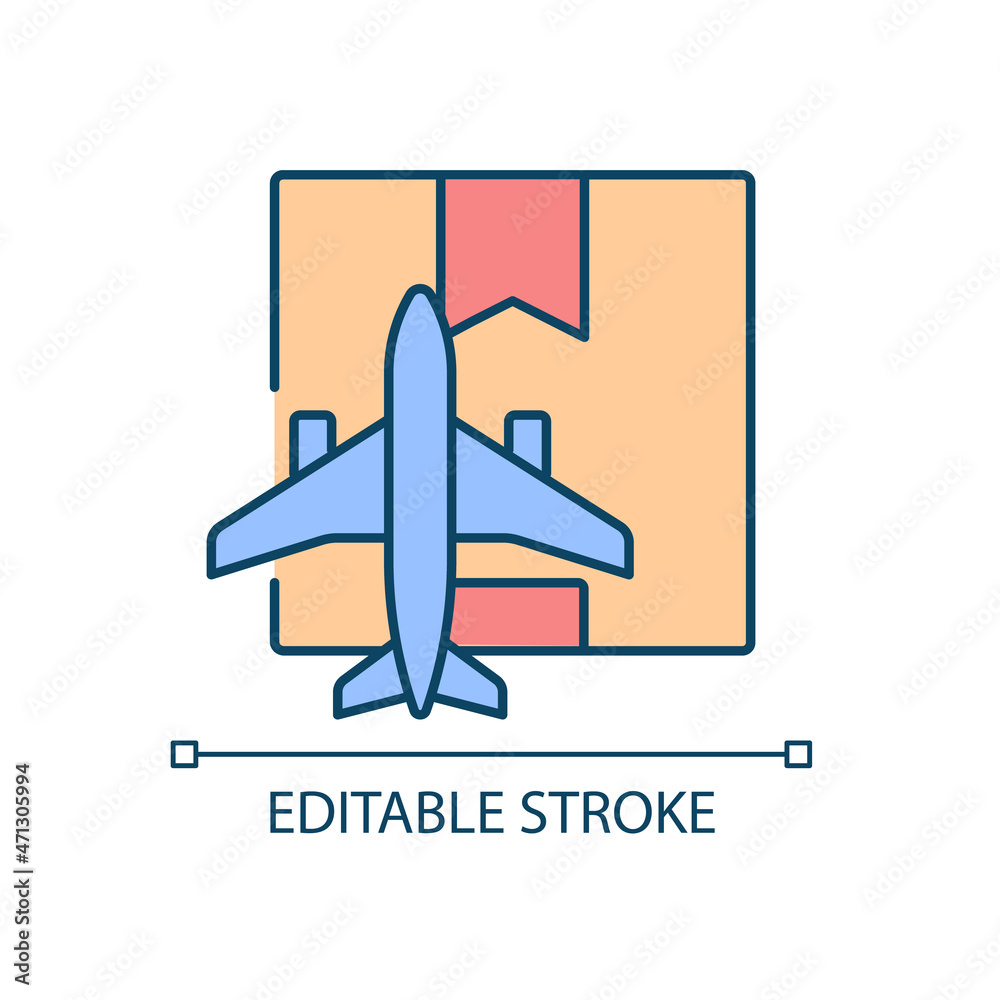 Worldwide air shipping service RGB color icon. Delivering goods and parcels by aircraft. Shipping cargo to client fast. Isolated vector illustration. Simple filled line drawing. Editable stroke