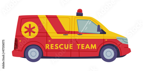 Red and Yellow Van or Truck with Siren as Rescue Equipment and Emergency Vehicle for Urgent Saving of Life Vector Illustration