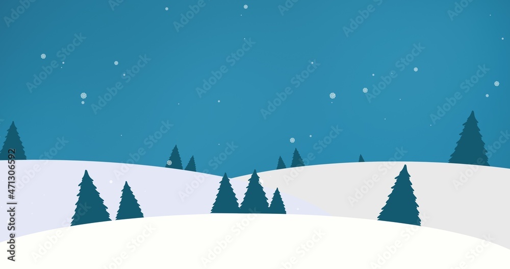 Digital composite image of snowcapped landscape with evergreen trees against sky at night