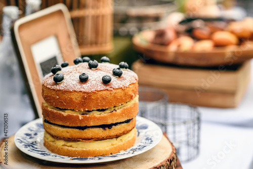 vintage blueberry naked cake decorated on the table in wedding ceremony