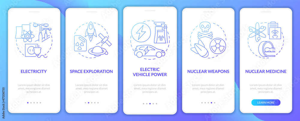 Nuclear energy applications onboarding mobile app page screen. Nuclear weapons walkthrough 5 steps graphic instructions with concepts. UI, UX, GUI vector template with linear color illustrations Nuclear energy applications onboarding mobile app page screen. Nuclear weapons walkthrough 5 steps graphic instructions with concepts. UI, UX, GUI vector template with linear color illustrations