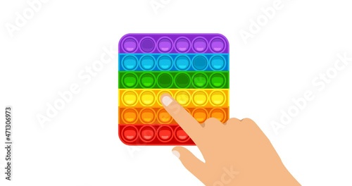 Animation of hand presses to the pop it. Trendy anti-stress game for kids and adults. Fidget toy with push bubbles in rainbow colors. 4k resolution video.