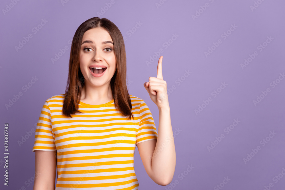 Photo of young excited girl point finger plan genius choose candid clever isolated over violet color background Photo of young excited girl point finger plan genius choose candid clever isolated over violet color background