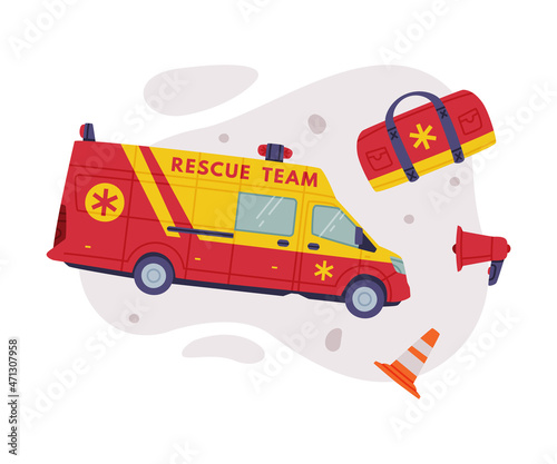 Rescue Equipment with Specialized Machine and Emergency Vehicle for Urgent Saving of Life Vector Illustration