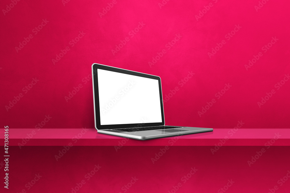 Laptop computer on pink shelf background Laptop computer on pink shelf background