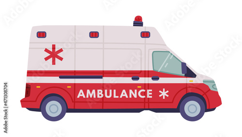 Van or Truck with Siren as Ambulance Emergency Rescue Service Vehicle and Medical Care Transport Vector Illustration
