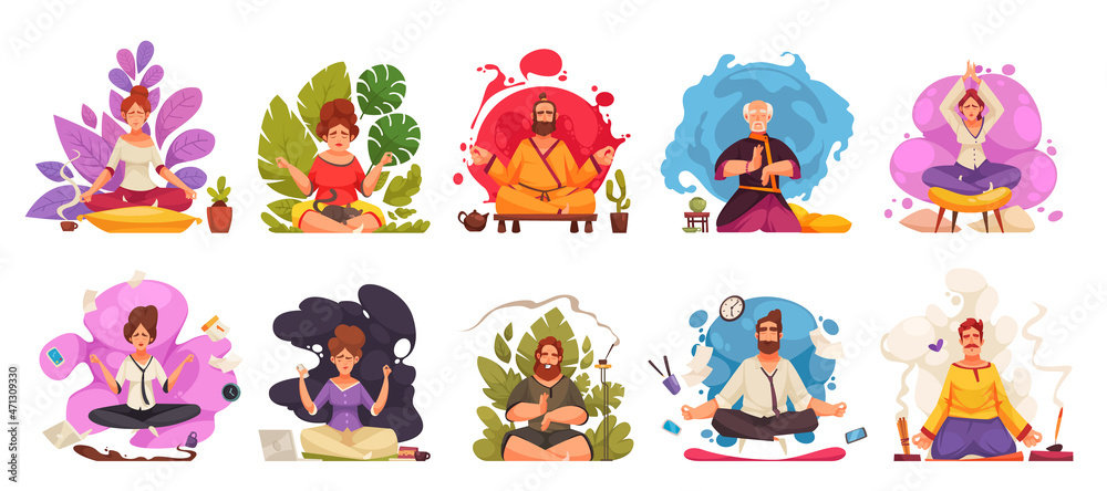 Obraz premium Meditation Yoga Cartoon Compositions