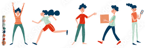 Banner with funny characters occupied with  different activities, moving, running, talking, sending message, online shopping, cheering up. Isolated figures on white background.