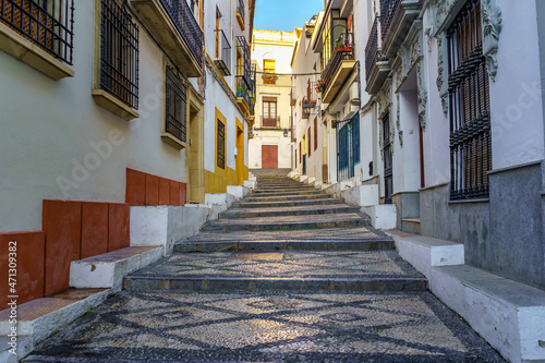 Stairway in alley of typical houses of Andalusia Cordoba.