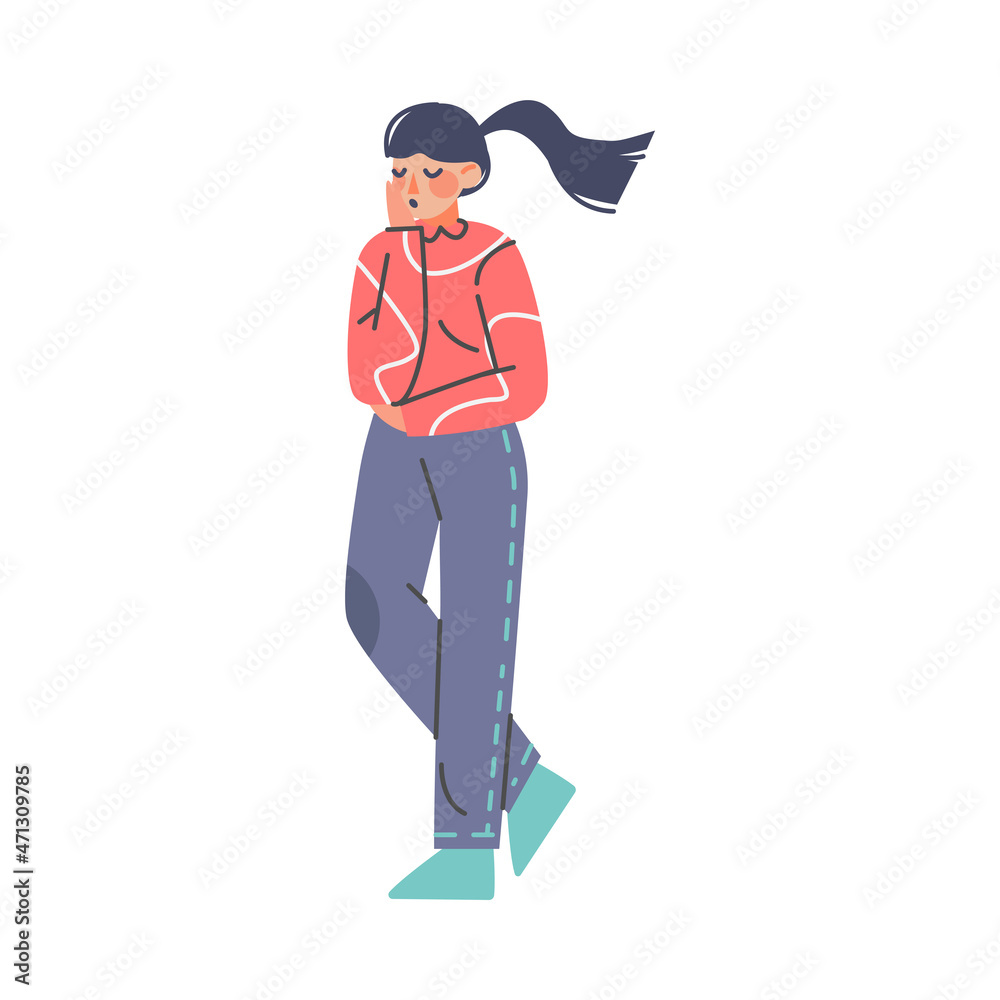 Puzzled Woman Character Holding Hand Against Cheek Asking Question Vector Illustration