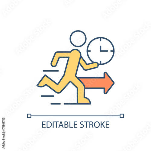 Be in rush RGB color icon. Running person. Urgency. Hustle and bustle. Moving quickly. Trying to be on time. Hurry up. Isolated vector illustration. Simple filled line drawing. Editable stroke