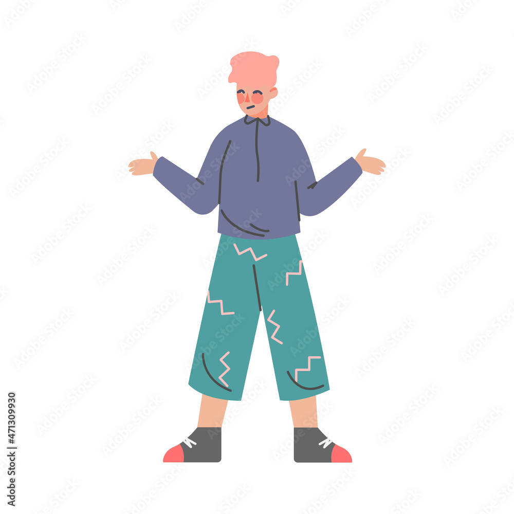 Puzzled Man Character Shrugging His Shoulder Asked Question Unsure About Answer Vector Illustration