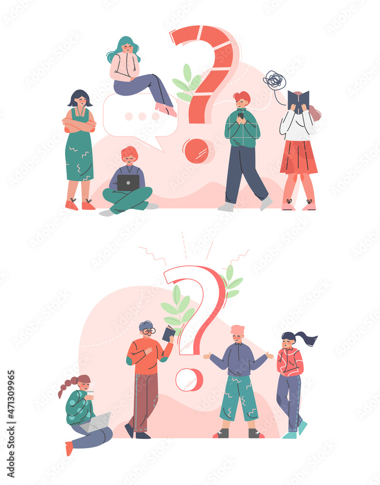 Fototapeta premium Puzzled People Character Asking Question and Searching for Answer Around Interrogation Mark Vector Illustration Set