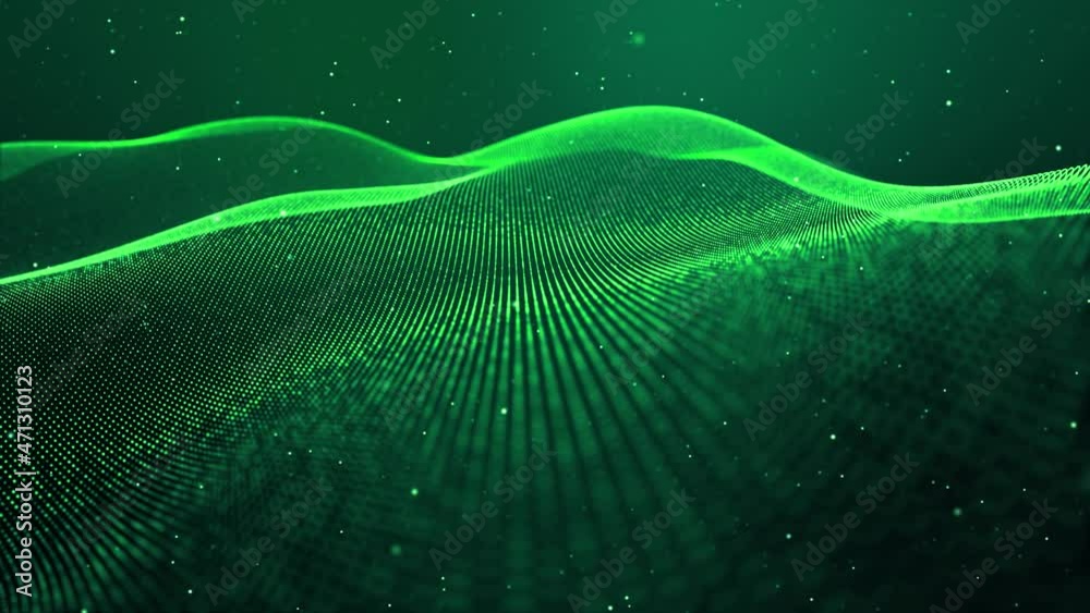 4k looped abstract green background of glow particles form lines, surfaces, structures as futuristic landscape in cyberspace or hologram. Sci-fi theme with DOF, lighting effects and bokeh.