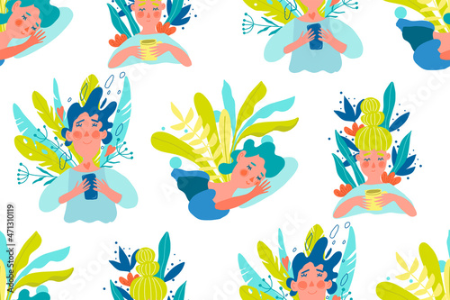 Seamless pattern with relaxing female. Plants and nature. Tea drinking  sleeping  reading messages  listening music. Girls and harmony.
