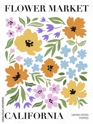 Flower market poster with meadow flowers. Printable wall art. Vector illustration.