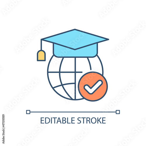 Studying abroad RGB color icon. International student. Graduate university in foreign country. Move for education. Isolated vector illustration. Simple filled line drawing. Editable stroke