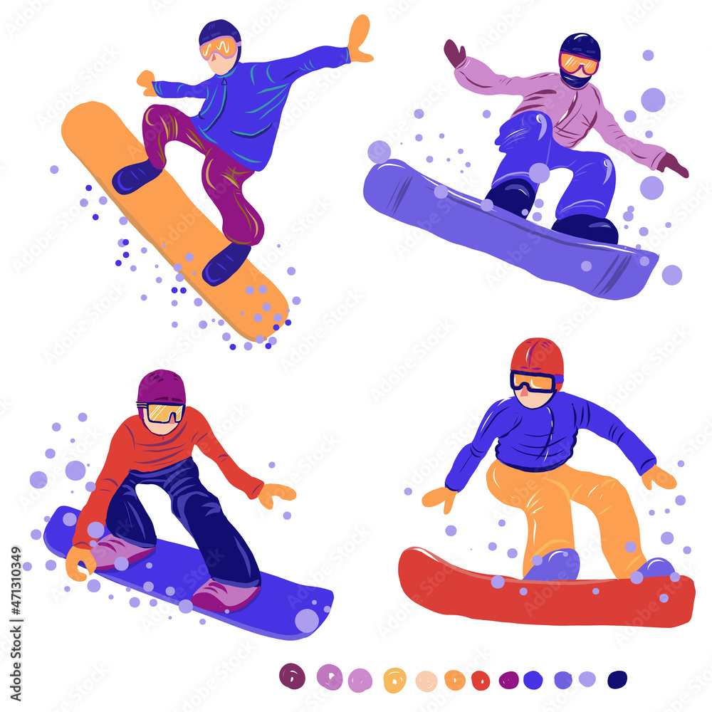 Set of snowboarders. Winter extreme sport. Vector illustration with isolated figures.