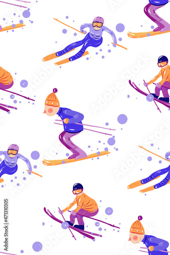 Seamless pattern with skiing. People at ski. People go in for sport. Funny and cute characters. Winter activities.  © mila_ludmila