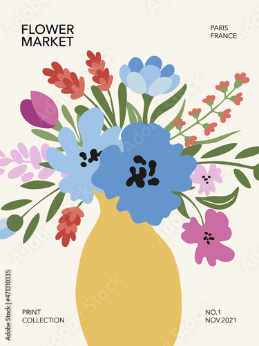 Flower market poster with meadow flowers in a vase. Printable wall art. Vector illustration.