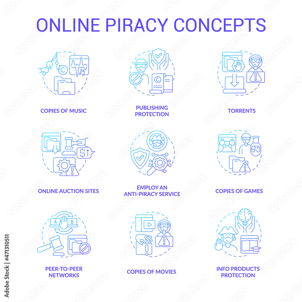 Online piracy blue gradient concept icons set. Copyrighted content idea thin line color illustrations. Online auction sites. Peer-to-peer networks. Torrents usage. Vector isolated outline drawings