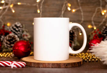 Coffee mug mockup with red christmas decorations. 11oz White mug branding Mockup. Christmas imprint