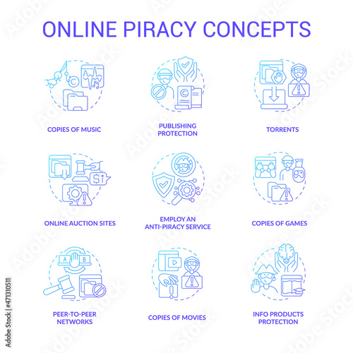 Online piracy blue gradient concept icons set. Copyrighted content idea thin line color illustrations. Online auction sites. Peer-to-peer networks. Torrents usage. Vector isolated outline drawings