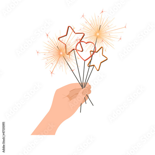Female hands hold a sparkler. Bengal fire in the form of a heart and stars. New Year Christmas. Isolated on a white background. Flat style. Vector illustration
