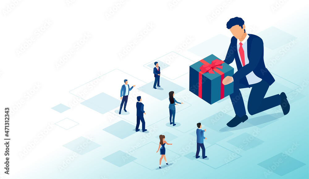Vector of a big business man offering a gift box to a group of people men and women Vector of a big business man offering a gift box to a group of people men and women