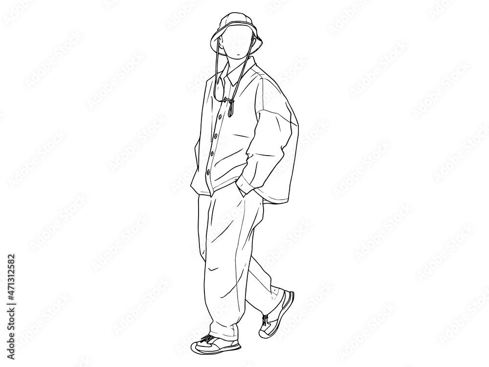 man wearing bucket hat walk hand in pocket Human character on white background. Hand drawn style vector design illustrations.