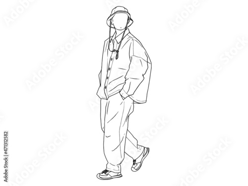 man wearing bucket hat walk hand in pocket Human character on white background. Hand drawn style vector design illustrations.