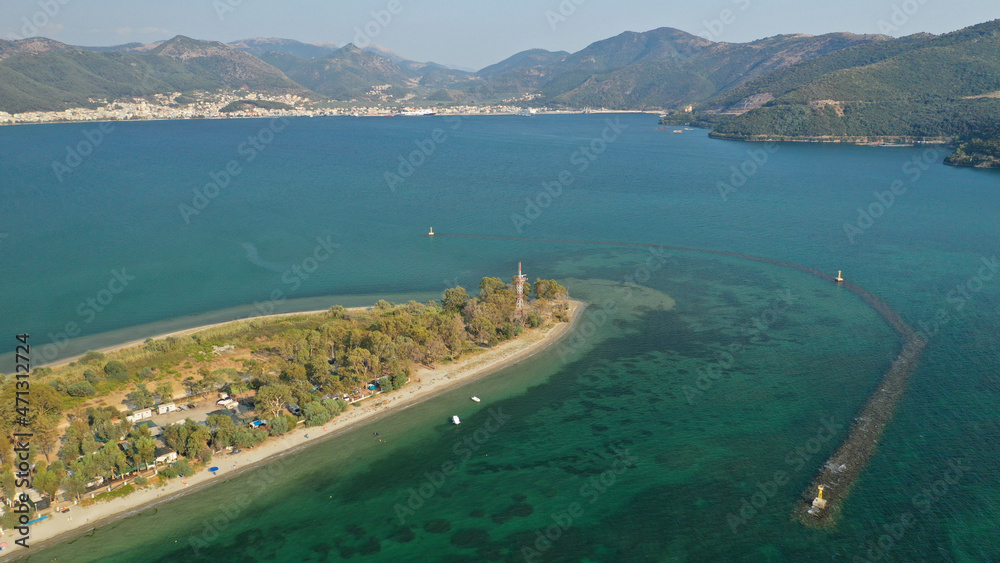Aerial drone photo of beautiful long sandy organised beach of Drepano in area of Igoumenitsa, Epirus, Greece