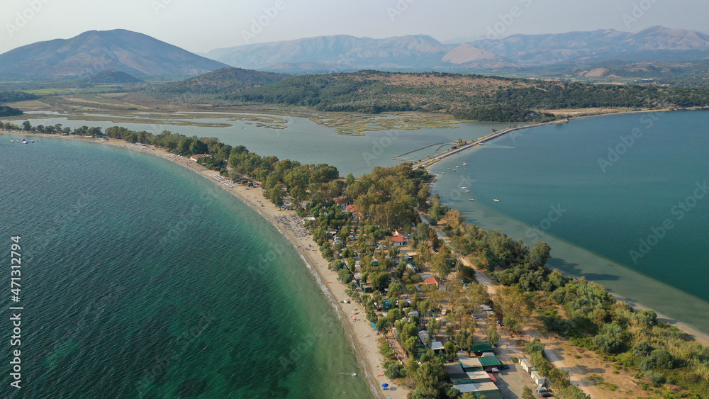 Aerial drone photo of beautiful long sandy organised beach of Drepano in area of Igoumenitsa, Epirus, Greece