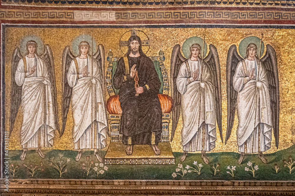 Ravenna, Italy - 01.11.2021 - The mosaic of Christ in the Basilica of Sant Apollinare Nuovo in Ravenna, Emilia Romagna, Italy, Europe