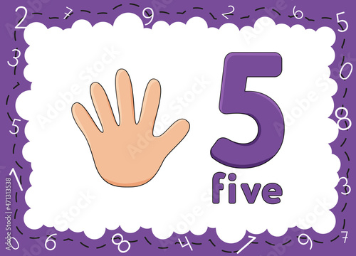 Children's educational cards with numbers. Flashcards finger counting. Kid's hand showing the number five by fingers. Zero to Ten photo