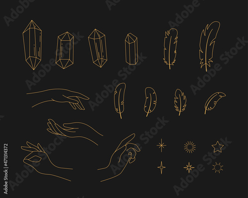Set for creating logos. Outlined hands, crystals and feathers. Tarot and makeup female astrologer icons