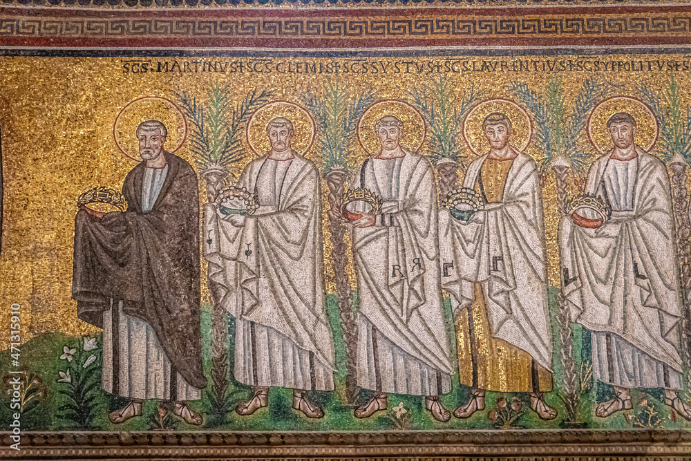 Ravenna, Italy - 01.11.2021 - The mosaic of the Saints in the Basilica of Sant Apollinare Nuovo in Ravenna, Emilia Romagna, Italy, Europe