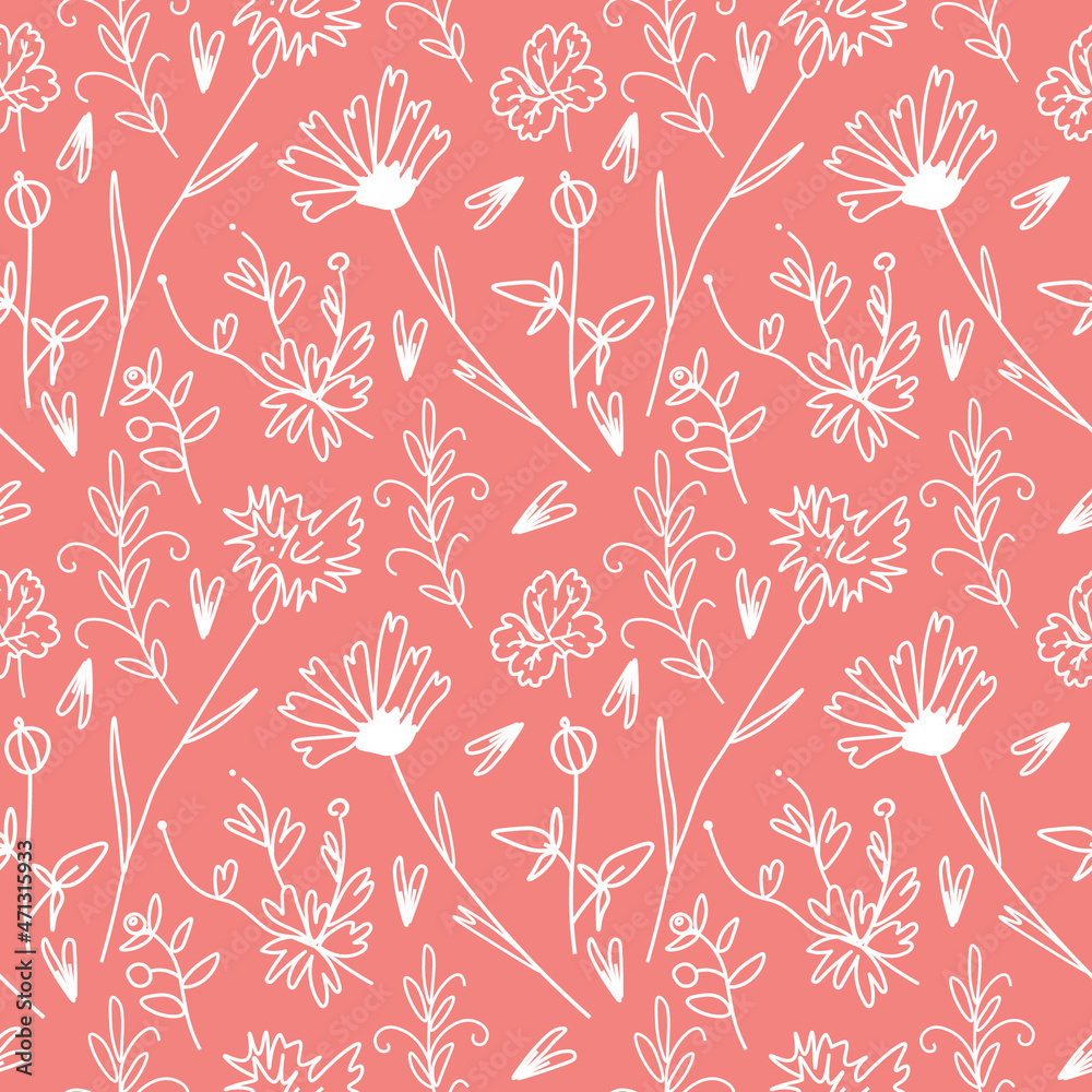 Vector seamless pattern with white flowers on Calming Coral background.Simple,floral,minimalist,festive doodle style poster.Designs for prints,stickers,printing,invitations,textiles,wrapping paper. Vector seamless pattern with white flowers on Calming Coral background.Simple,floral,minimalist,festive doodle style poster.Designs for prints,stickers,printing,invitations,textiles,wrapping paper.