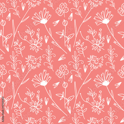 Vector seamless pattern with white flowers on Calming Coral background.Simple,floral,minimalist,festive doodle style poster.Designs for prints,stickers,printing,invitations,textiles,wrapping paper.