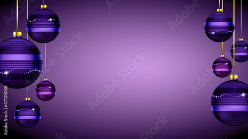 Christmas and advent banner with elegant purple and violet balls baubles bulbs with decorations.