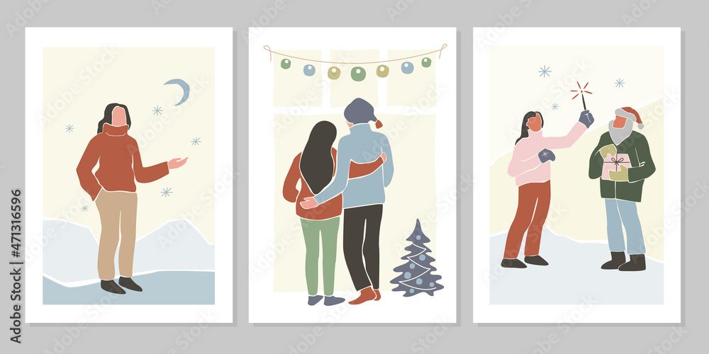 Abstract winter set of Christmas and New Year holiday greeting cards with family, women, Christmas tree. Hand drawn vector flat illustration. Design for pattern,  posters, invitation, greeting card