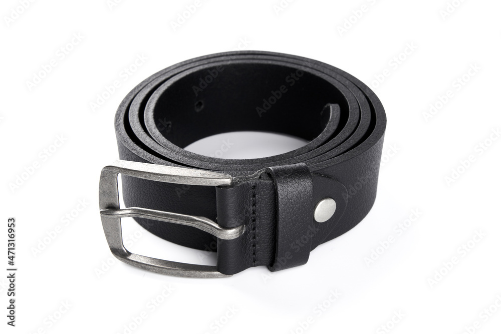 Fastened fashionable men's leather belt with dark matted metal buckle isolated on white background. Black belt for men. Black leather belt for trousers and jeans. Male accessory. 