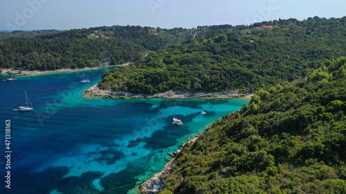 Aerial drone photo of paradise white rocky bay and beach in island of Antipaxos  Ionian  Greece