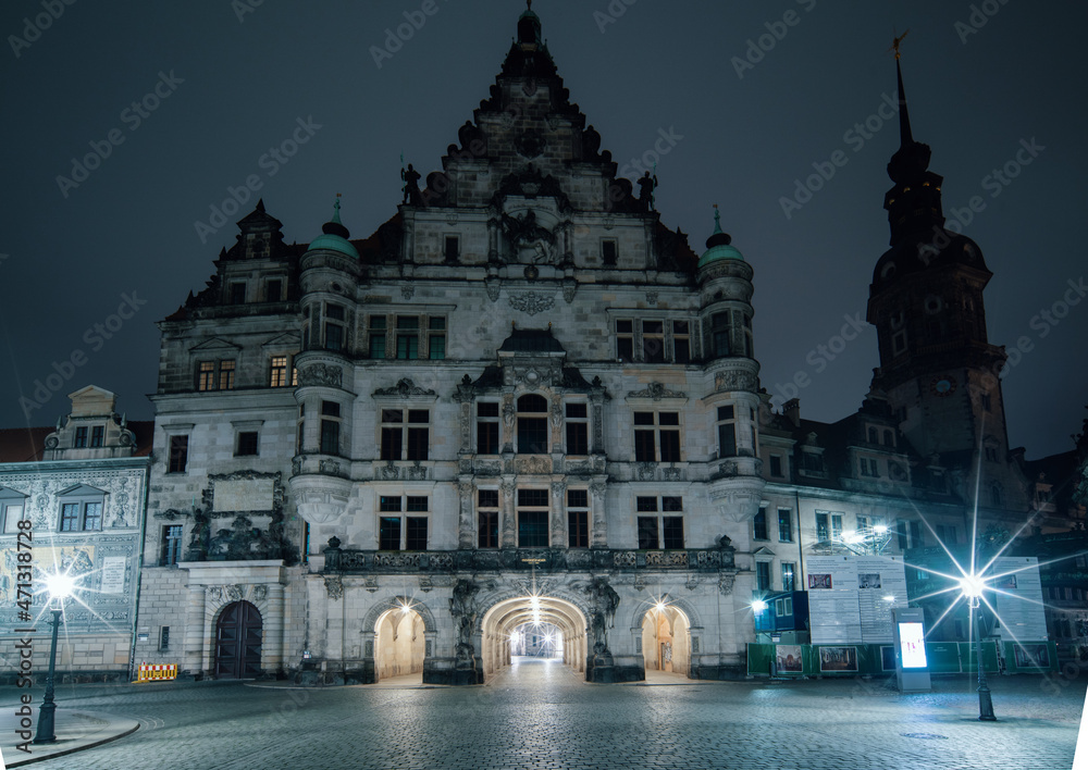 Naklejka premium Streets of dresden at night. View of the historic Providentiae memor of Dresden at night