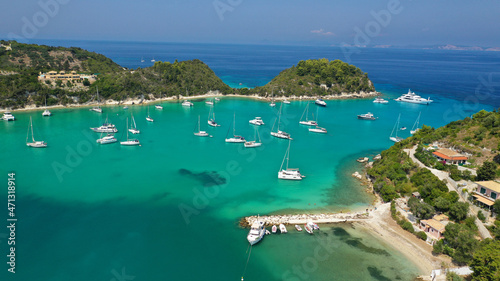 Aerial drone photo of beautiful paradise bay in tropical exotic island with turquoise crystal clear sea