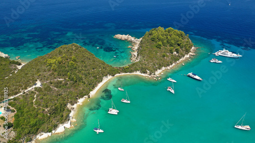 Aerial drone photo of beautiful paradise bay in tropical exotic island with turquoise crystal clear sea