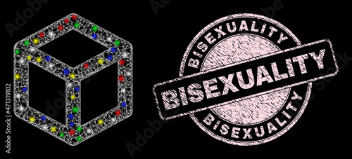 Glossy crossing net mesh cube ribs icon with glitter effect on a black background, and Bisexuality dirty seal imitation. Pink stamp seal includes Bisexuality text inside circle shape.