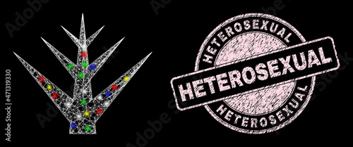 Glossy hatched mesh decorative tree icon with glitter effect on a black background with Heterosexual dirty seal. Pink seal includes Heterosexual caption inside round form.